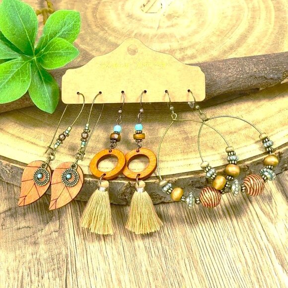 Earrings 3pr Wood Turquoise Bead Tassel Dangle Boho Hippie Southwest Stylish Fun - Picture 1 of 2